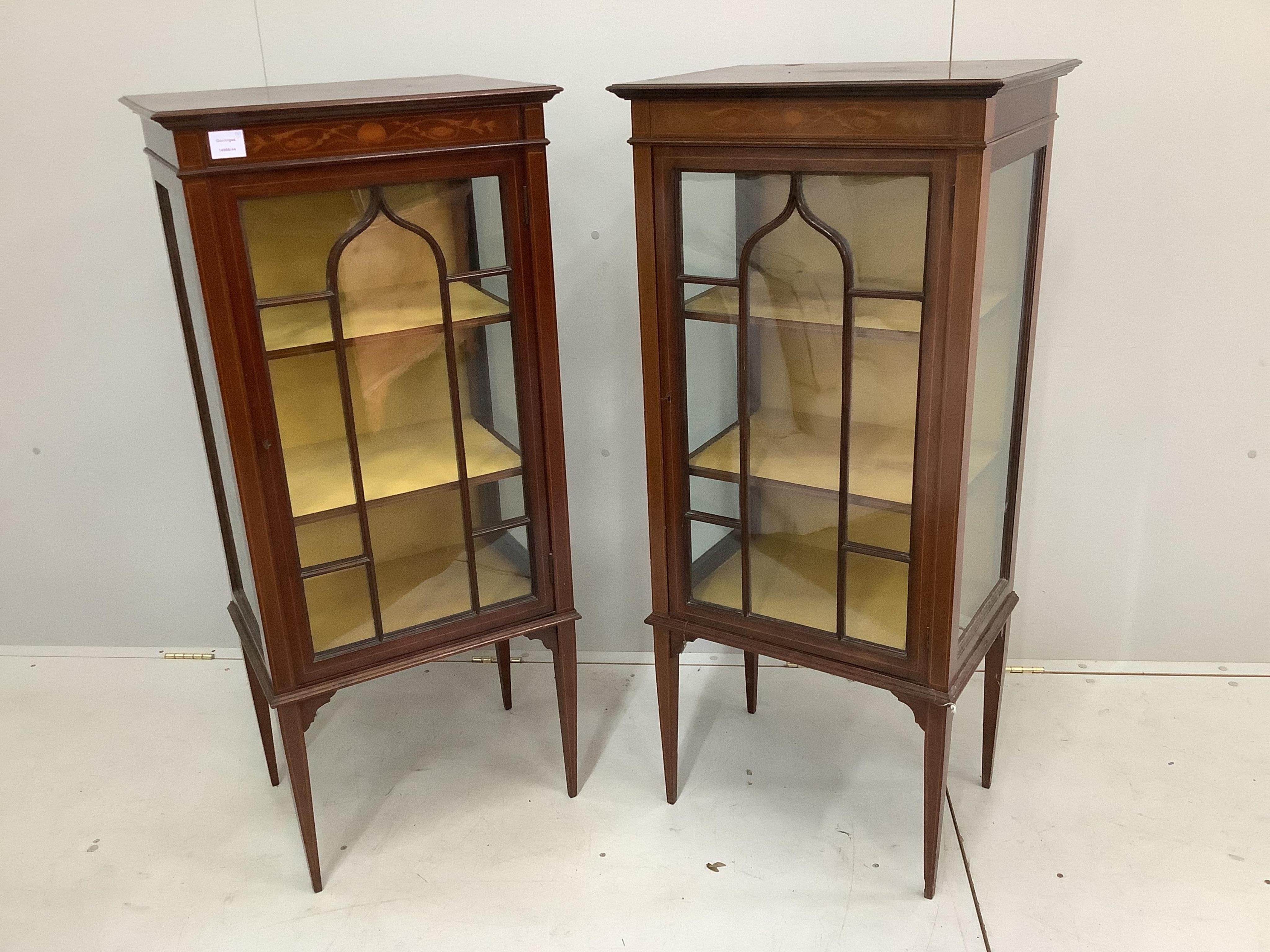 A pair of small Edwardian inlaid mahogany display cabinets, width 53cm, depth 39cm, height 119cm. Condition - fair